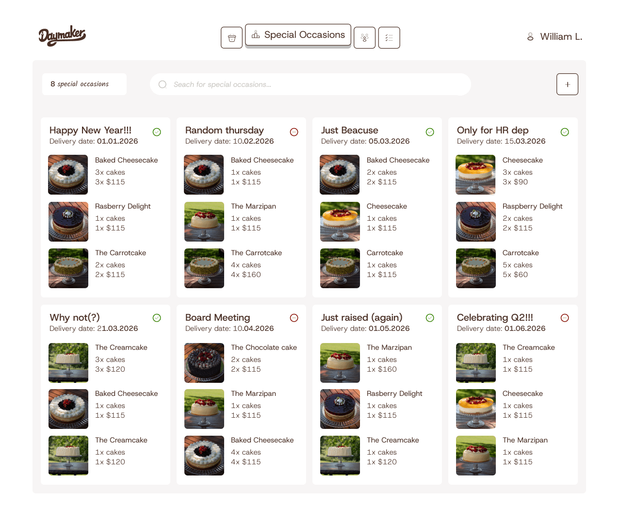 Daymaker dashboard showing eight special occasions with delivery dates, cakes, quantities and status.