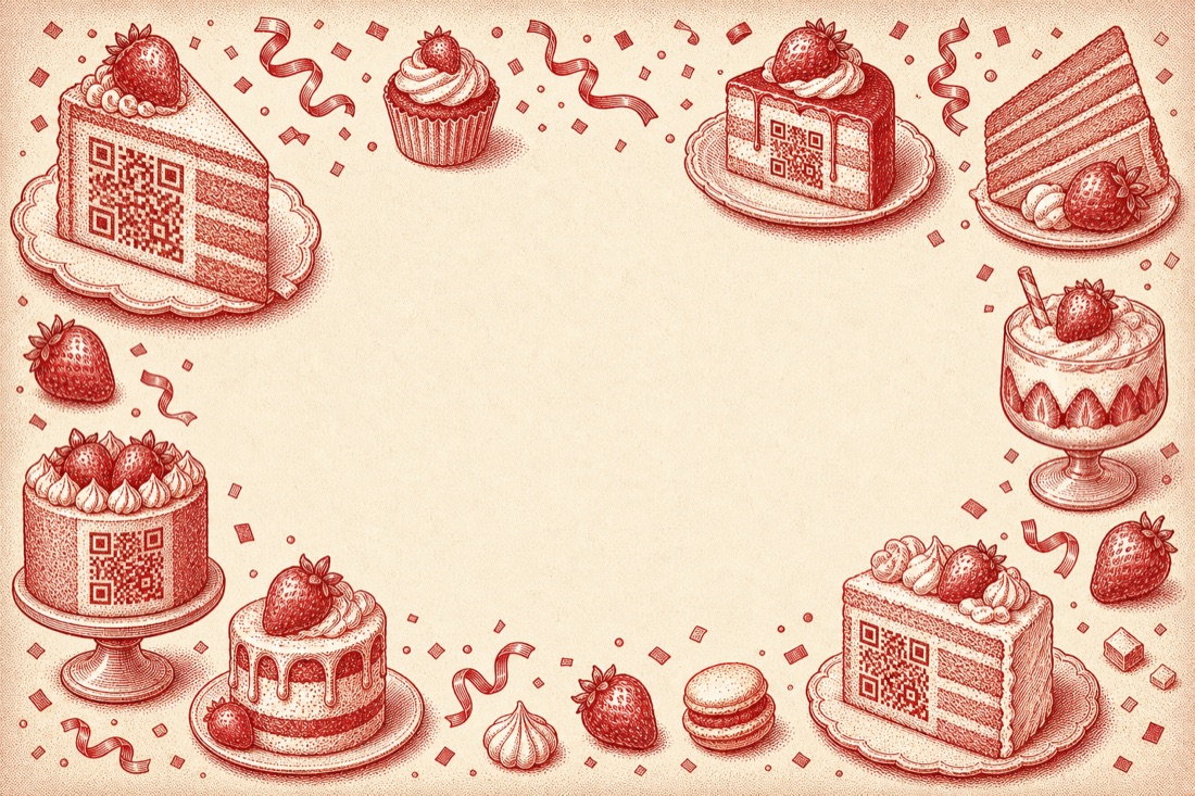 Vintage red engraving of cakes and pastries - each slice printed with a QR code - framing an open center