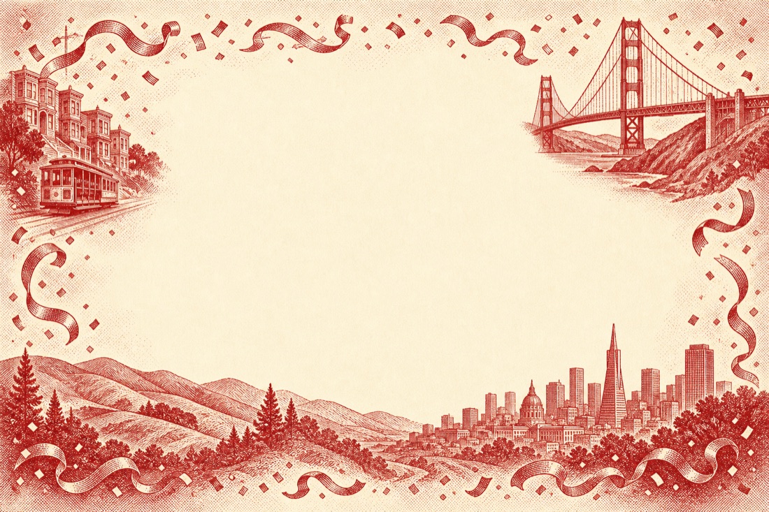 Vintage red engraving of San Francisco - Golden Gate Bridge, a cable car, and the skyline framing an open center