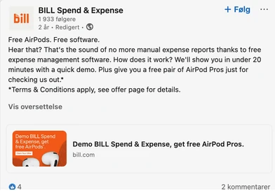 LinkedIn ad from BILL Spend & Expense: “Free AirPods. Free software.” A free pair of AirPods Pro for a quick demo.