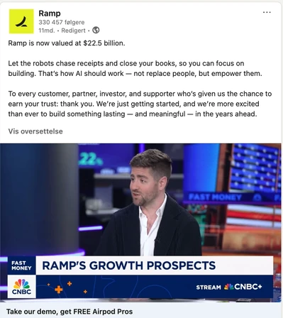 LinkedIn post from Ramp with a CNBC clip, captioned “Take our demo, get FREE Airpod Pros.”