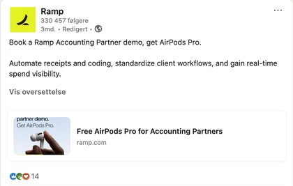 LinkedIn ad from Ramp: “Book a Ramp Accounting Partner demo, get AirPods Pro.”