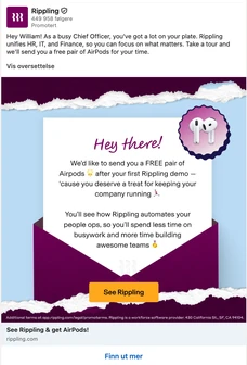 Rippling ad: “Hey there! We’d like to send you a FREE pair of AirPods after your first Rippling demo.”