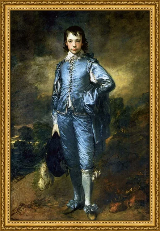 Thomas Gainsborough’s The Blue Boy in a gilt frame: a full-length portrait of a boy in a blue satin suit, hat in hand, against a dark, stormy landscape.