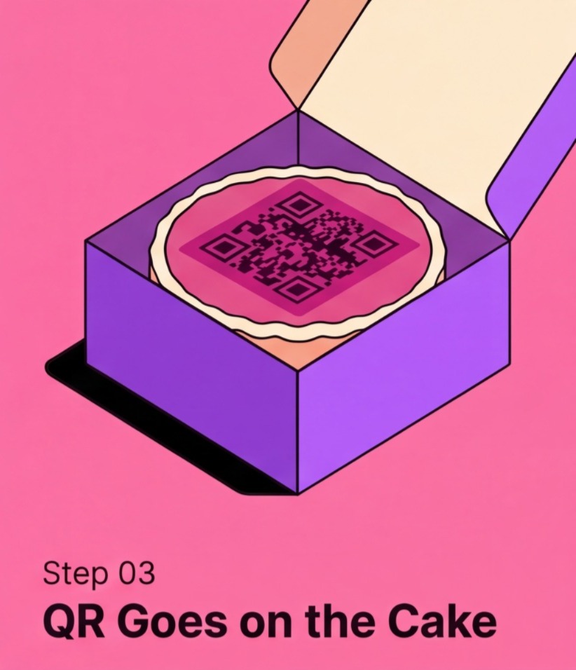 Step 3: A QR code linking to your deck is piped onto the cake in edible icing