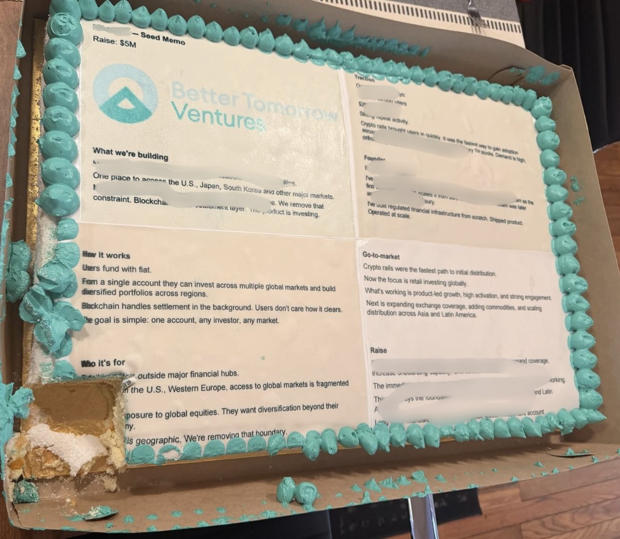 A coldcake delivered to Better Tomorrow Ventures - a Seed Memo iced onto the cake with the BTV logo, teal-piped border, one corner already eaten