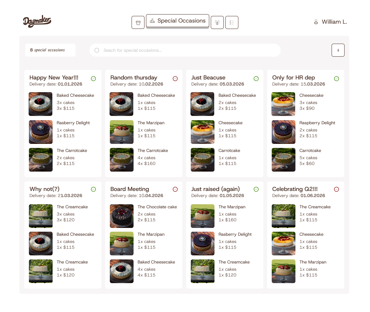 Daymaker dashboard showing eight special occasions with delivery dates, cakes, quantities and status.