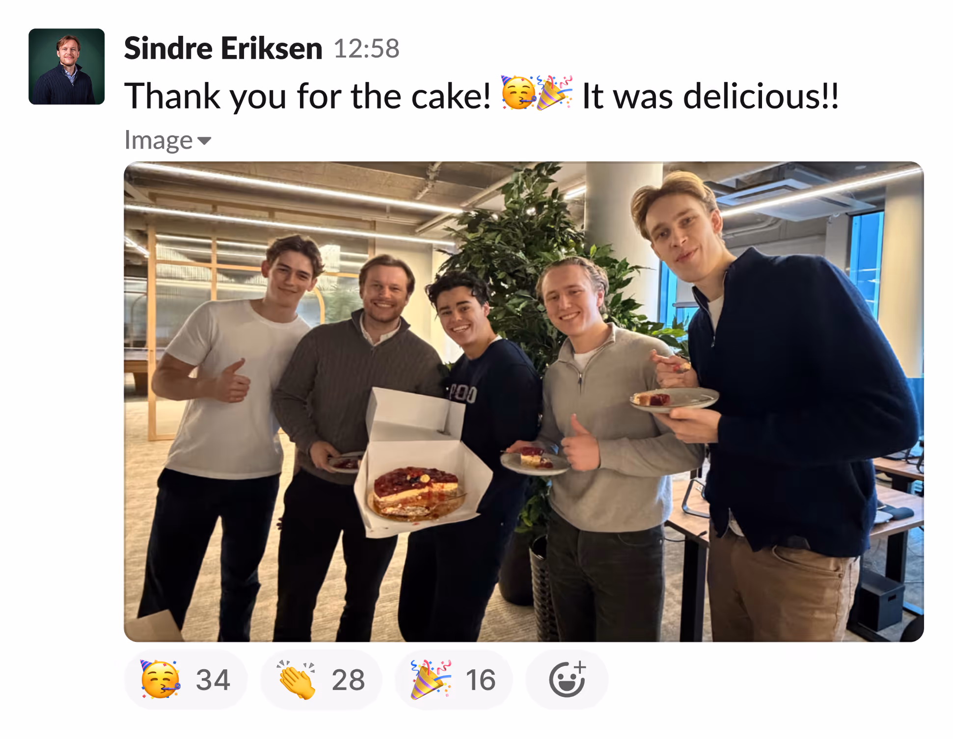 Slack message: Thank you for the cake! It was delicious!