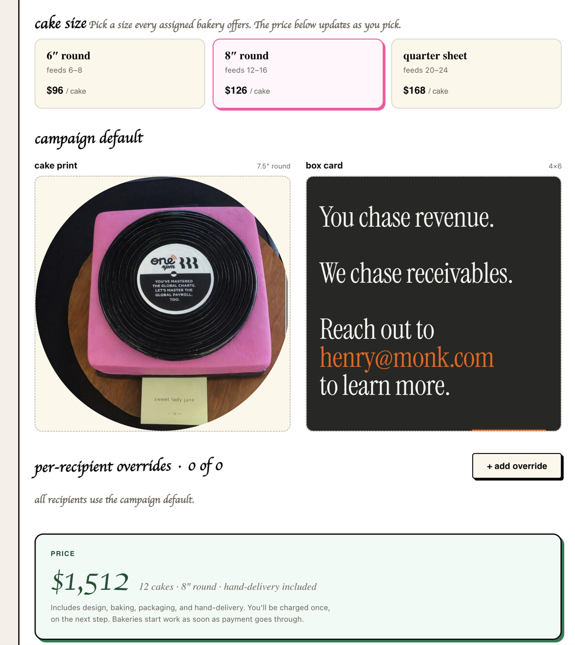 Daymaker design screen with cake size, artwork and a live price.