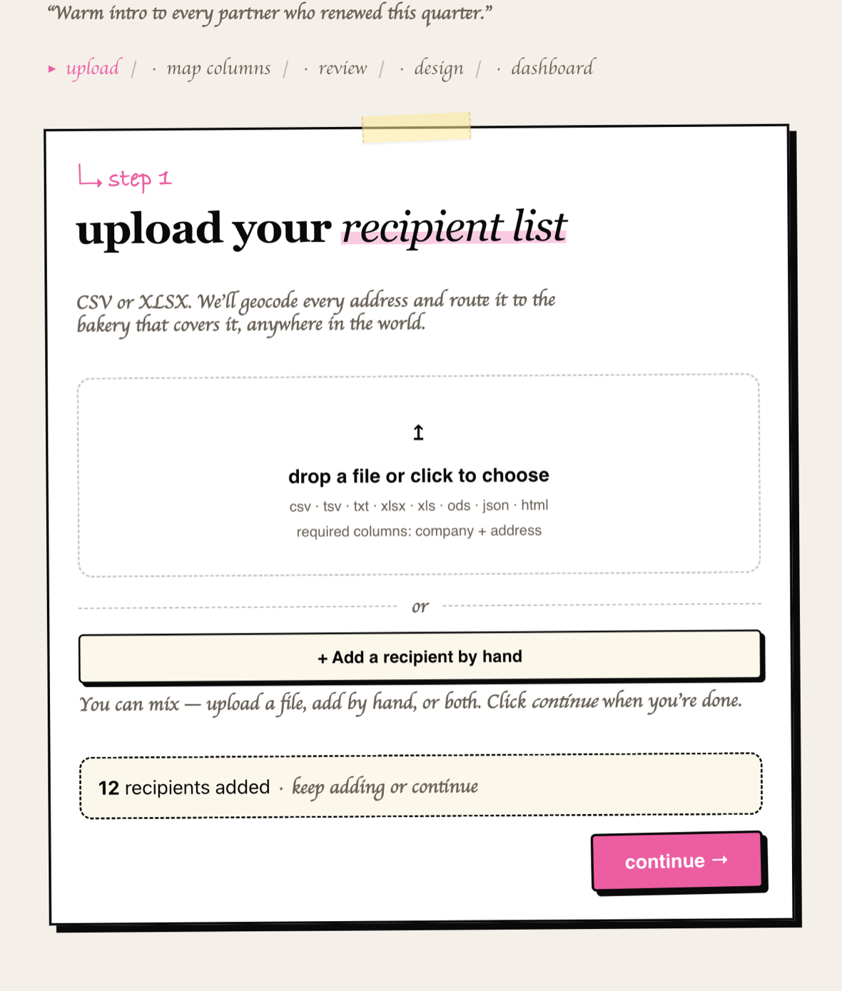 Daymaker upload screen with a recipient list being built.